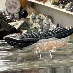 Fire Quartz & Black banded Sardonyx Feather Sculpture